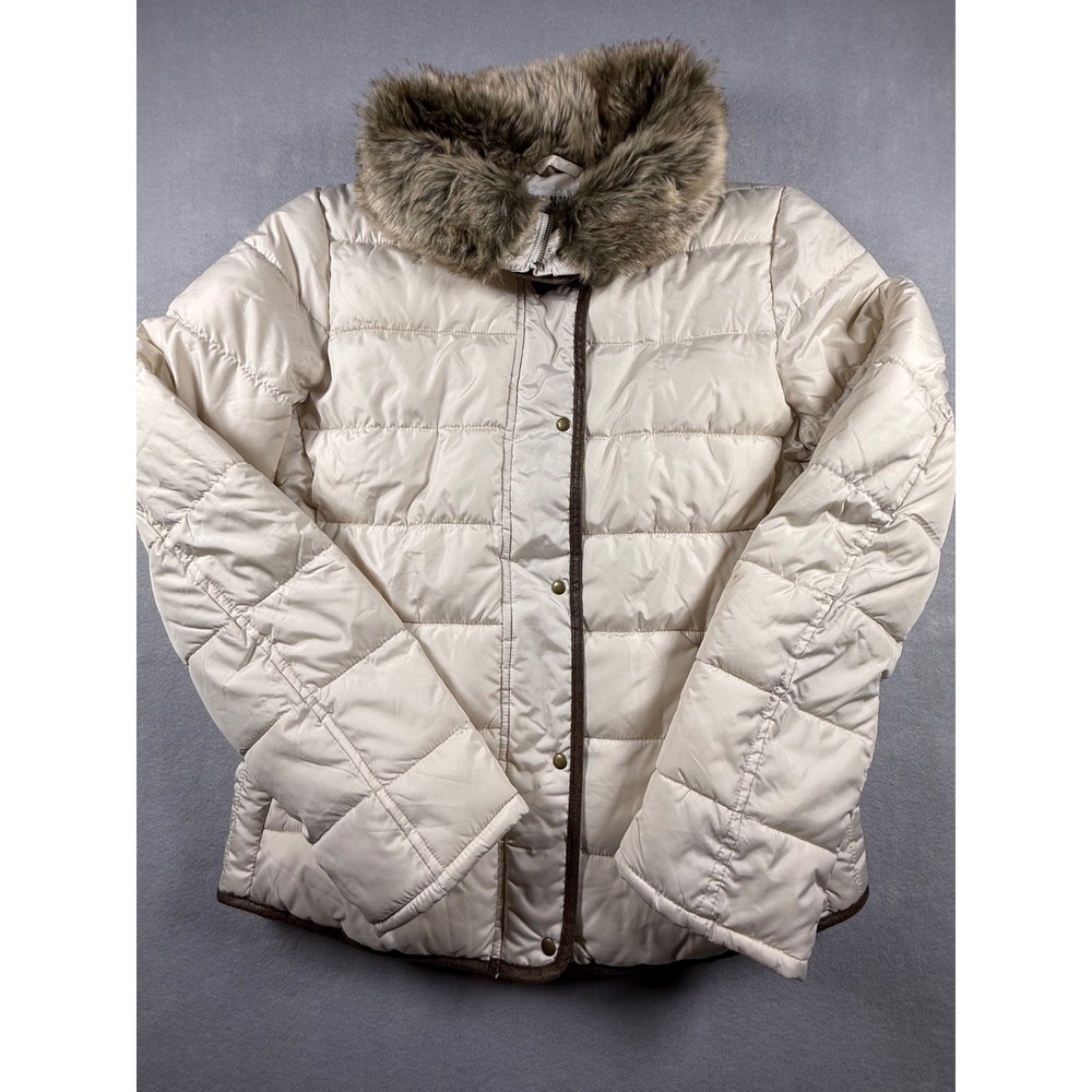 Old Navy Womens Cream Puffer Jacket Faux Fur Collar Brown Trim Size S